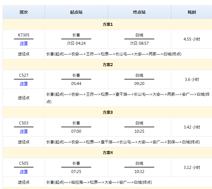 长春到白城的火车时刻表