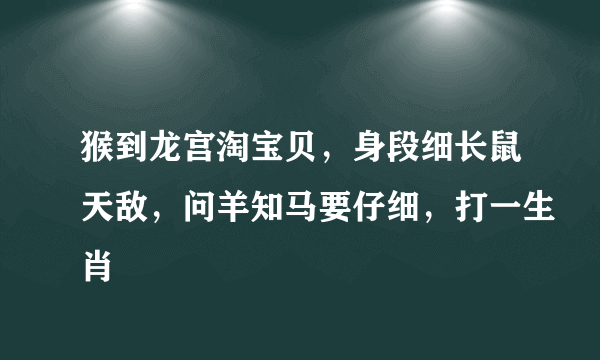 猴到龙宫淘宝贝，身段细长鼠天敌，问羊知马要仔细，打一生肖